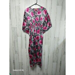 Midnight Velvet Women's Satin Pink Black Kaftan Maxi Dress One Size Floral